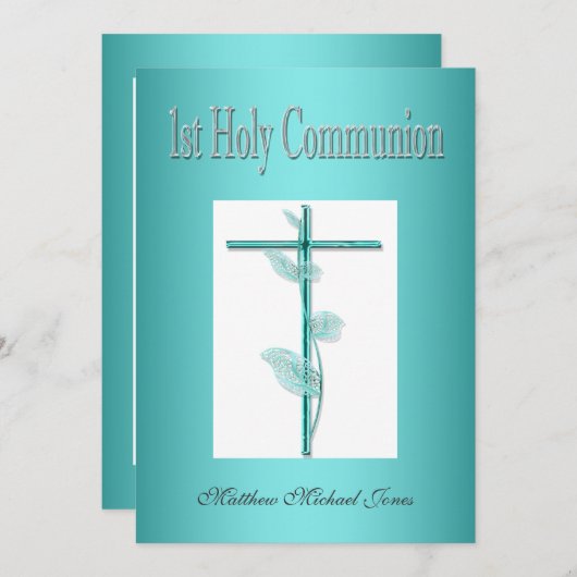 男の子が最初の聖なる聖餐式の青 招待状 (正面/裏面)