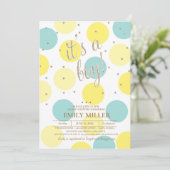 男の子が生まれました - 黄色、ターコイズ、ゴールドのベビーシャワー 招待状 (スタンド正面)