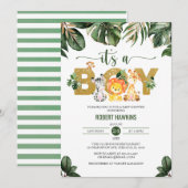 男の子が生まれるよ！ジャングルサファリのかわいい動物たちのベビーシャワー 招待状 (正面/裏面)