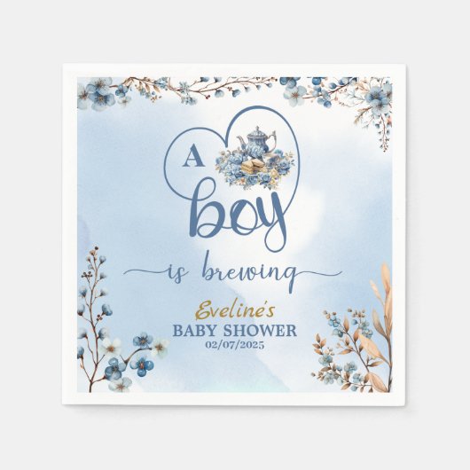 男の子が紅茶を醸造しているパーティー男の子のシャワー スタンダードカクテルナプキン (正面)