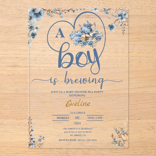 男の子が茶を醸造しているパーティーの赤ちゃんシャワー アクリル招待状 (正面)