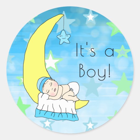 男の子だよ、月と星の赤ちゃんボーイ ラウンドシール (正面)