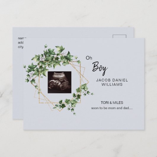 男の子だよ 淡い青の超音波写真 出産発表ポ 案内ポストカード (正面/裏面)