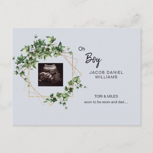 男の子だよ 淡い青の超音波写真 出産発表ポ 案内ポストカード (正面)