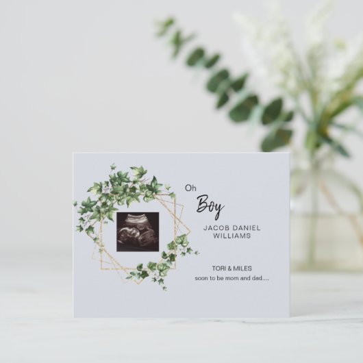 男の子だよ 淡い青の超音波写真 出産発表ポ 案内ポストカード (スタンド正面)