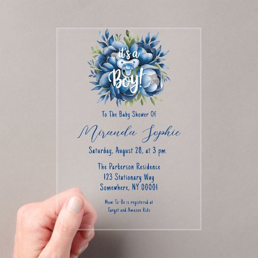 男の子だ！おしゃれ&牡丹ベビーシャワー アクリル招待状 (インサイチュ (ポータブル))