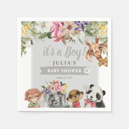 男の子だ!かわいいサファリ動物の赤ちゃんシャワー スタンダードカクテルナプキン (正面)