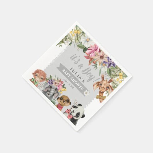 男の子だ!かわいいサファリ動物の赤ちゃんシャワー スタンダードカクテルナプキン (角)