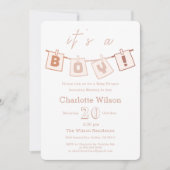 男の子だ！かわいい茶色のギンガムベビーシャワー 招待状 (正面)