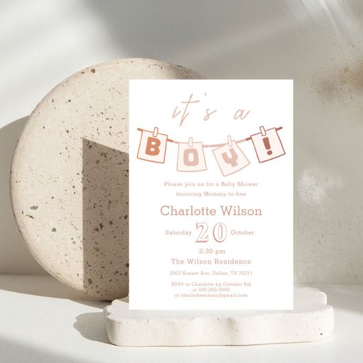 男の子だ！かわいい茶色のギンガムベビーシャワー 招待状