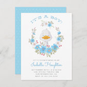 男の子だ!アヒル&ブルーフローラリースベビーシャワー インビテーションポストカード (正面/裏面)