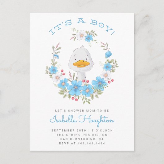 男の子だ!アヒル&ブルーフローラリースベビーシャワー インビテーションポストカード (正面)