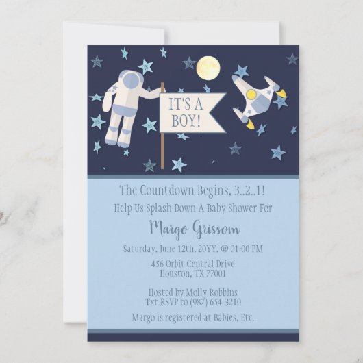 男の子だ！カウントダウンが赤ちゃんシャワーを始める 招待状 (正面)