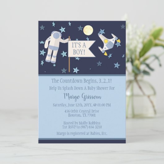 男の子だ！カウントダウンが赤ちゃんシャワーを始める 招待状 (スタンド正面)