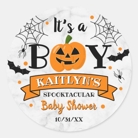 「男の子だ」カボチャのハロウィンベイビーシャワー ラウンドシール (正面)
