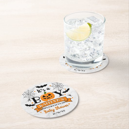 「男の子だ」カボチャのハロウィンベイビーシャワー ラウンドペーパーコースター (インサイチュ)