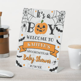 「男の子だ」カボチャのハロウィーンの赤ちゃんシャワーへようこそ 台座サイン