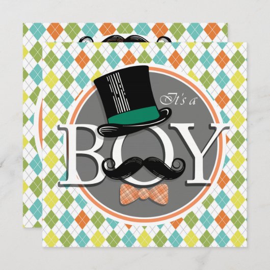 男の子だ!カラフルアーガイル 招待状 (正面/裏面)