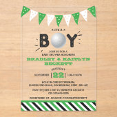 男の子だ！ゴルフをテーマにした共同ベビーシャワー アクリル招待状 (正面)