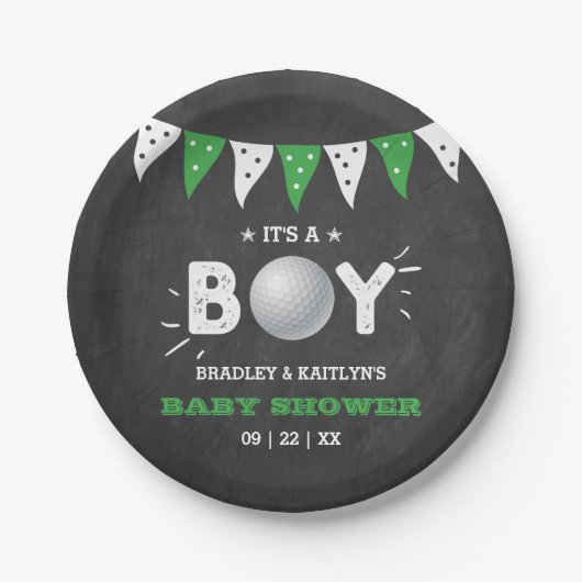 男の子だ！ゴルフをテーマにした共同ベビーシャワー ペーパープレート (正面)