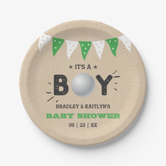 男の子だ！ゴルフをテーマにした共同ベビーシャワー ペーパープレート (正面)