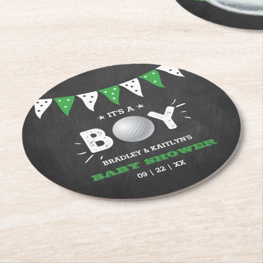 男の子だ！ゴルフをテーマにした共同ベビーシャワー ラウンドペーパーコースター (アングル)
