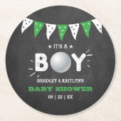 男の子だ！ゴルフをテーマにした共同ベビーシャワー ラウンドペーパーコースター (正面)