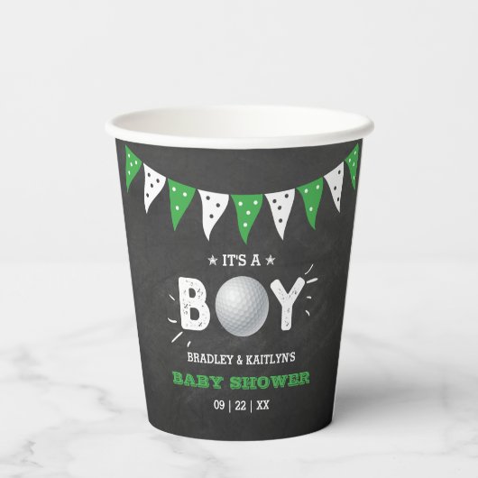 男の子だ！ゴルフをテーマにした共同ベビーシャワー 紙コップ (裏面)