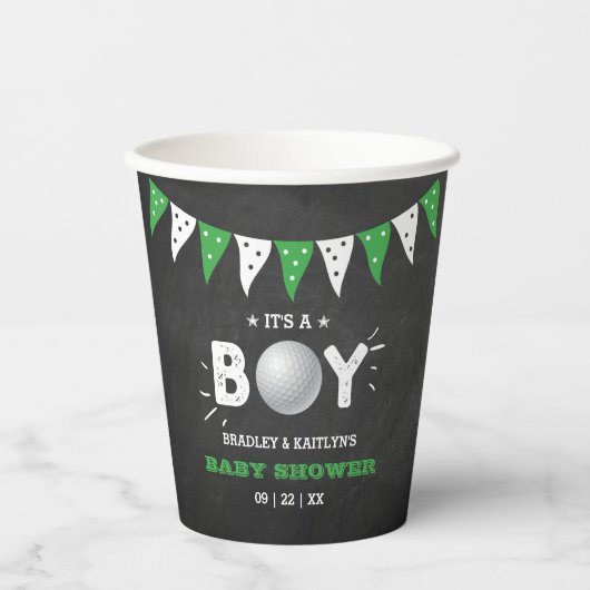 男の子だ！ゴルフをテーマにした共同ベビーシャワー 紙コップ (正面)