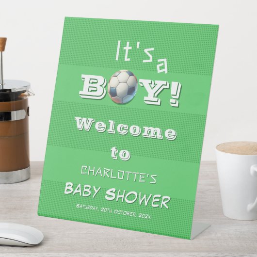 男の子だ！サッカーの赤ちゃんシャワー歓迎サイン 台座サイン (インサイチュ)