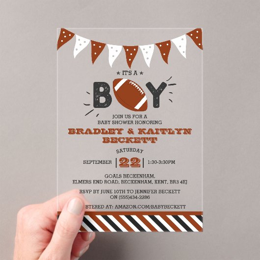 男の子だ！サッカーをテーマにした共同ベビーシャワー アクリル招待状 (インサイチュ (ポータブル))