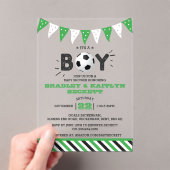 男の子だ!サッカーをテーマにした共同ベビーシャワー アクリル招待状 (インサイチュ (ポータブル))