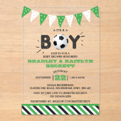 男の子だ!サッカーをテーマにした共同ベビーシャワー アクリル招待状 (正面)