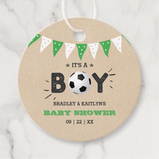 男の子だ！サッカーをテーマにした共同ベビーシャワー フェイバータグ (正面)