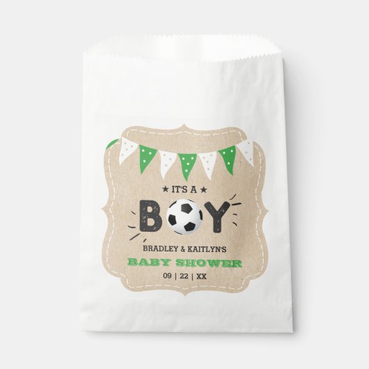 男の子だ!サッカーをテーマにした共同ベビーシャワー フェイバーバッグ (正面)