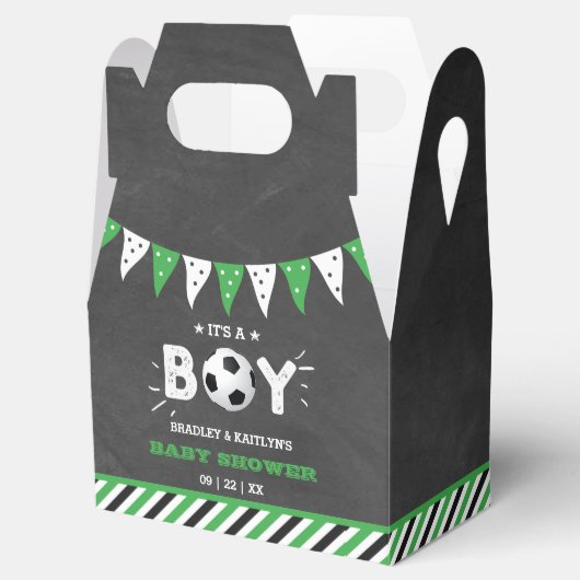 男の子だ！サッカーをテーマにした共同ベビーシャワー フェイバーボックス (オープン)