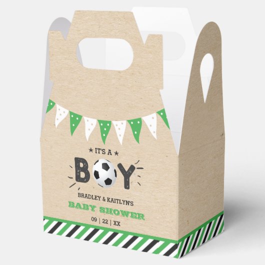 男の子だ！サッカーをテーマにした共同ベビーシャワー フェイバーボックス (オープン)