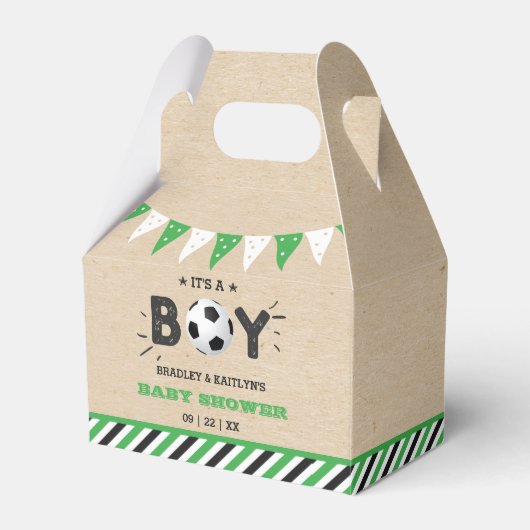 男の子だ!サッカーをテーマにした共同ベビーシャワー フェイバーボックス (正面サイド)