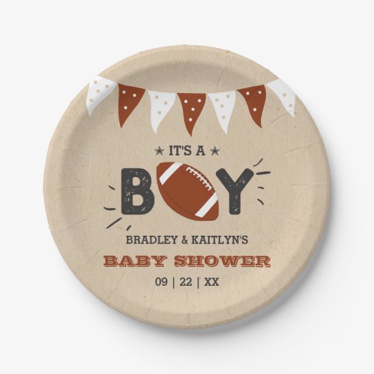 男の子だ！サッカーをテーマにした共同ベビーシャワー ペーパープレート (正面)
