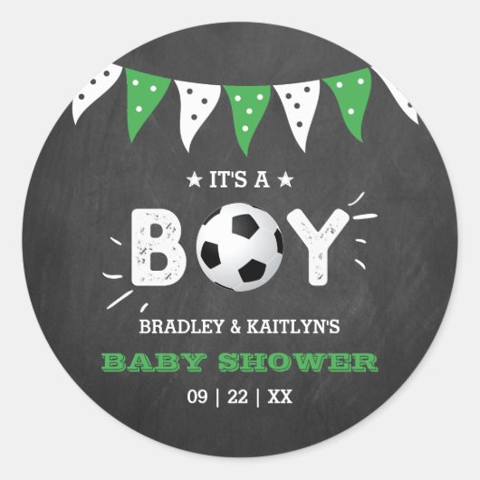 男の子だ!サッカーをテーマにした共同ベビーシャワー ラウンドシール (正面)