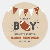 男の子だ!サッカーをテーマにした共同ベビーシャワー ラウンドシール (正面)