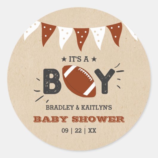 男の子だ!サッカーをテーマにした共同ベビーシャワー ラウンドシール (正面)