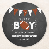 男の子だ!サッカーをテーマにした共同ベビーシャワー ラウンドペーパーコースター (正面)