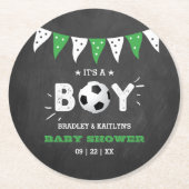 男の子だ！サッカーをテーマにした共同ベビーシャワー ラウンドペーパーコースター (正面)