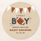 男の子だ！サッカーをテーマにした共同ベビーシャワー ラウンドペーパーコースター (正面)