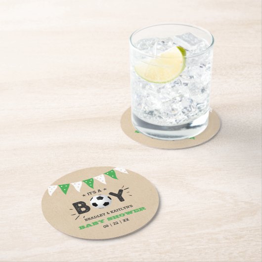 男の子だ!サッカーをテーマにした共同ベビーシャワー ラウンドペーパーコースター (インサイチュ)