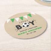 男の子だ!サッカーをテーマにした共同ベビーシャワー ラウンドペーパーコースター (アングル)