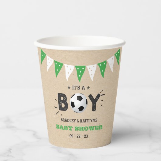 男の子だ！サッカーをテーマにした共同ベビーシャワー 紙コップ (正面)