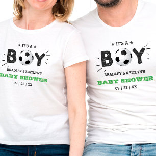 男の子だ！サッカーをテーマにした共同ベビーシャワー Tシャツ