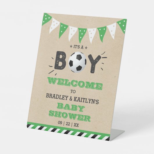 男の子だ!サッカーをテーマにした赤ちゃんシャワーへようこそ 台座サイン (正面)